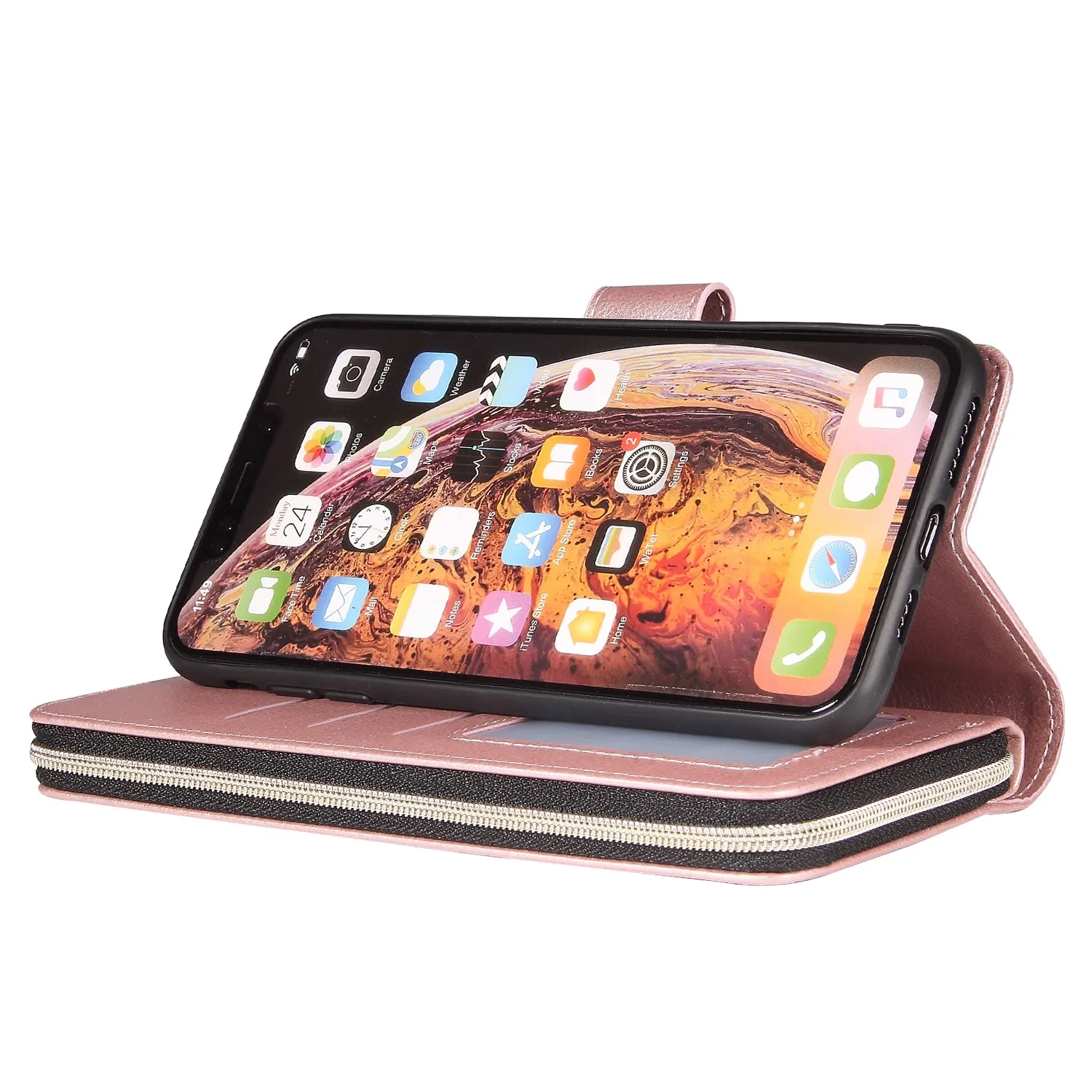 For iphone X/XS/XS MAX/11/11Pro Pu Leather  Mobile Phone Cover Zipper Card Bag   Wrist Strap Rose gold