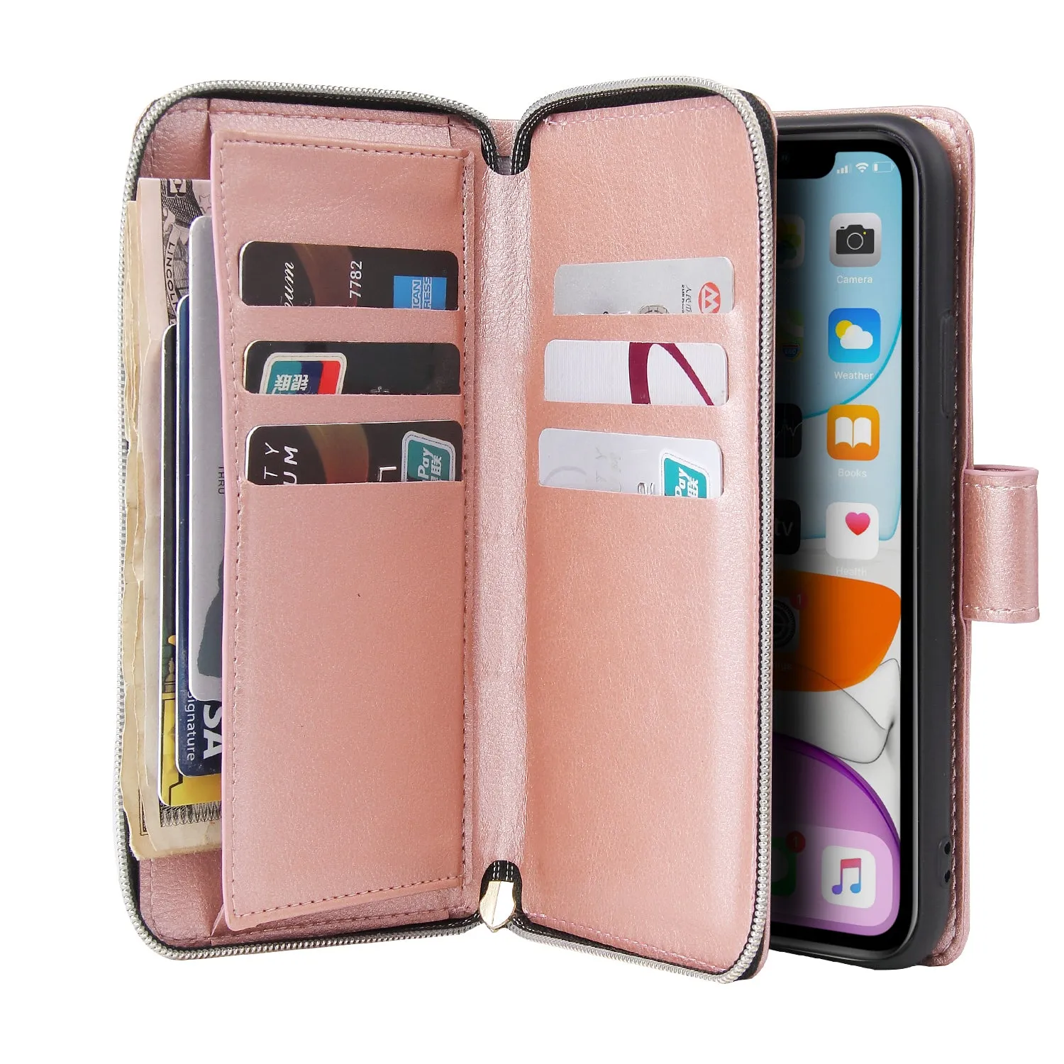 For iphone X/XS/XS MAX/11/11Pro Pu Leather  Mobile Phone Cover Zipper Card Bag   Wrist Strap Rose gold