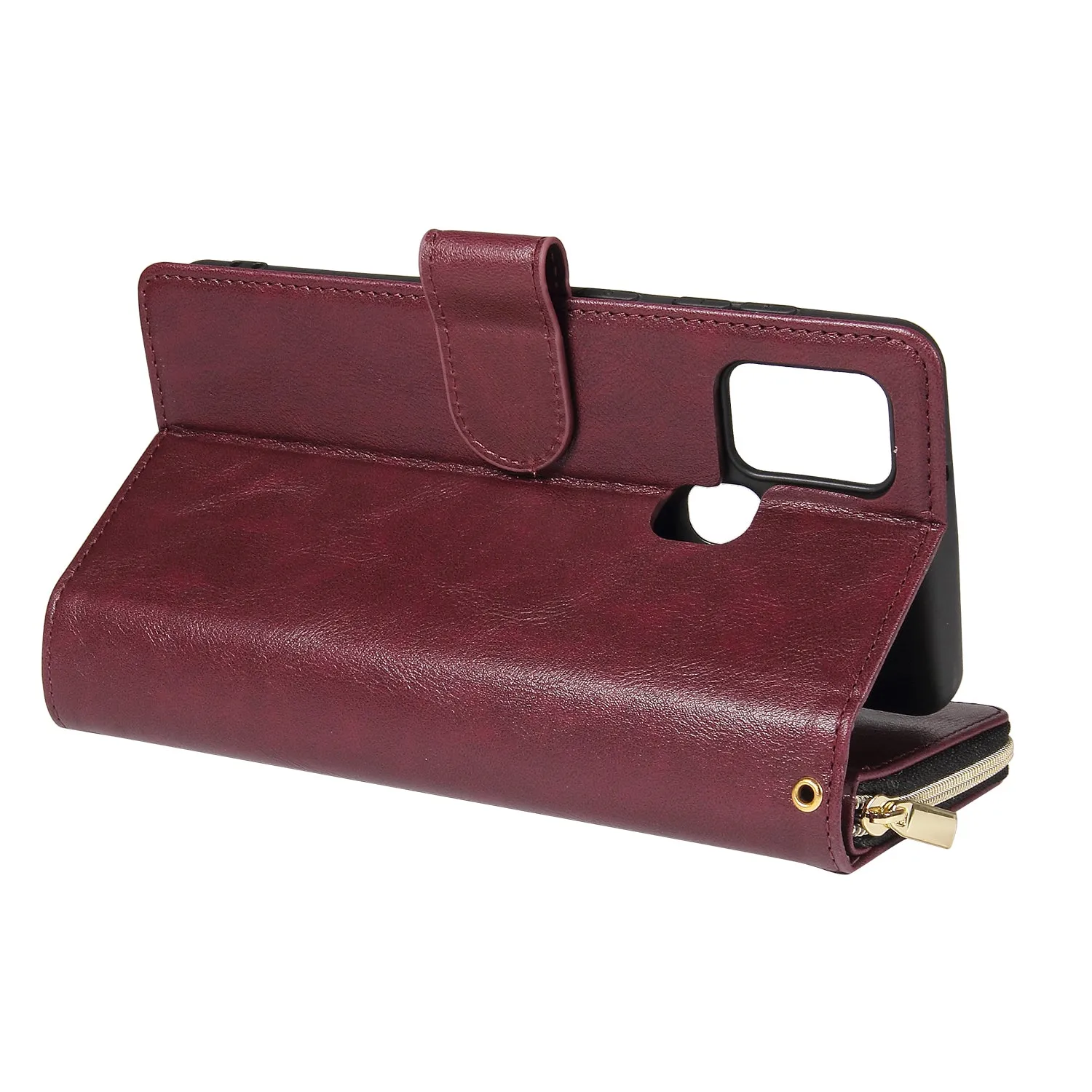 For Samsung A01/A21/A31/A41/A51 Pu Leather  Mobile Phone Cover Zipper Card Bag   Wrist Strap Red wine