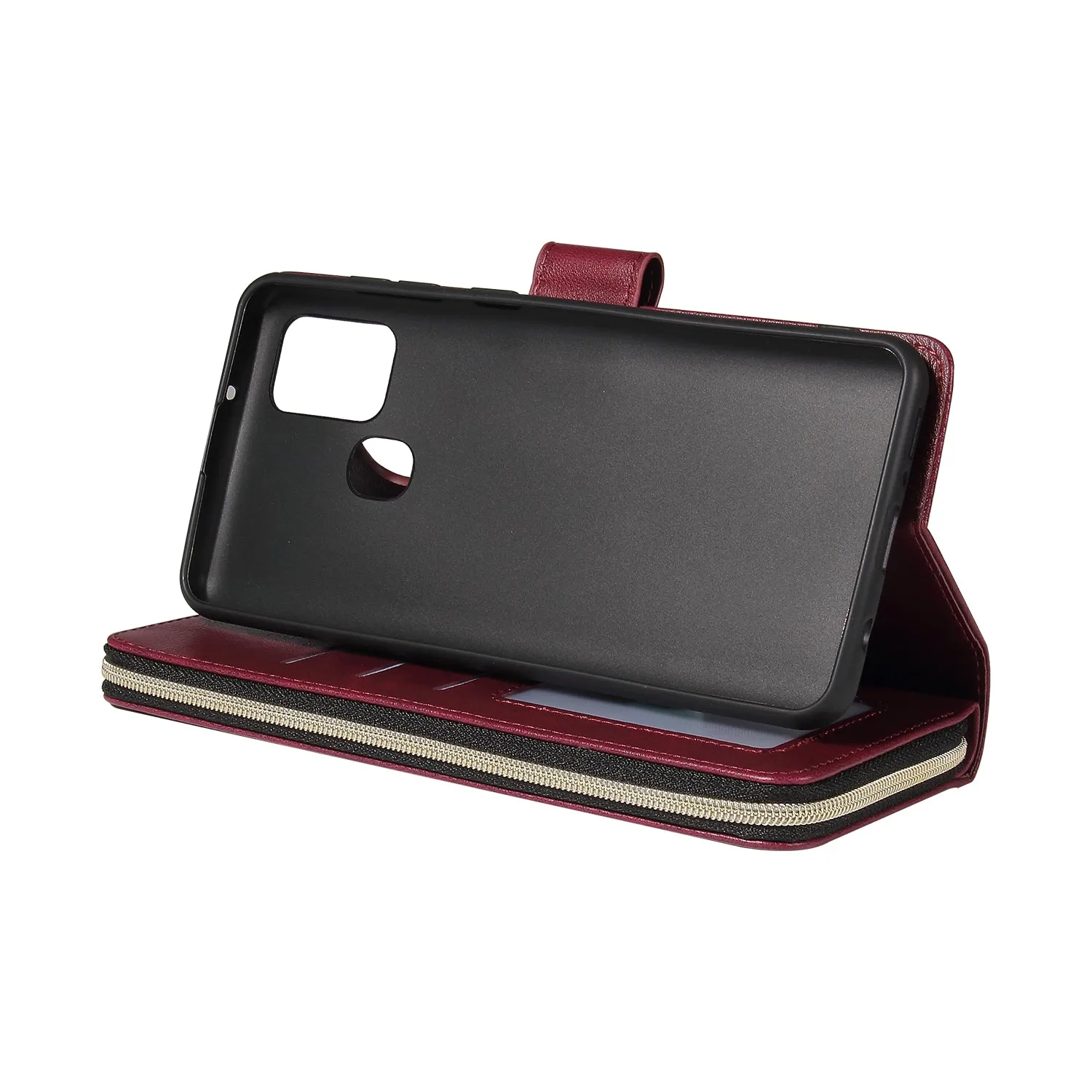 For Samsung A01/A21/A31/A41/A51 Pu Leather  Mobile Phone Cover Zipper Card Bag   Wrist Strap Red wine