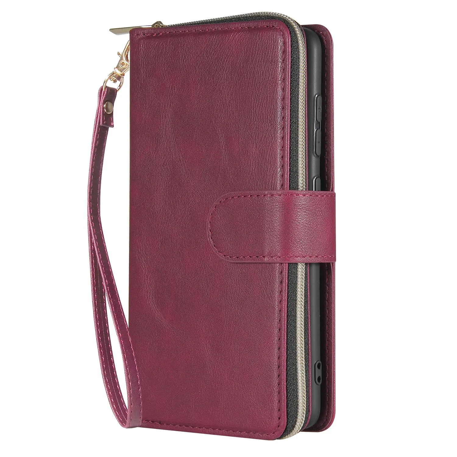 For Samsung A01/A21/A31/A41/A51 Pu Leather  Mobile Phone Cover Zipper Card Bag   Wrist Strap Red wine