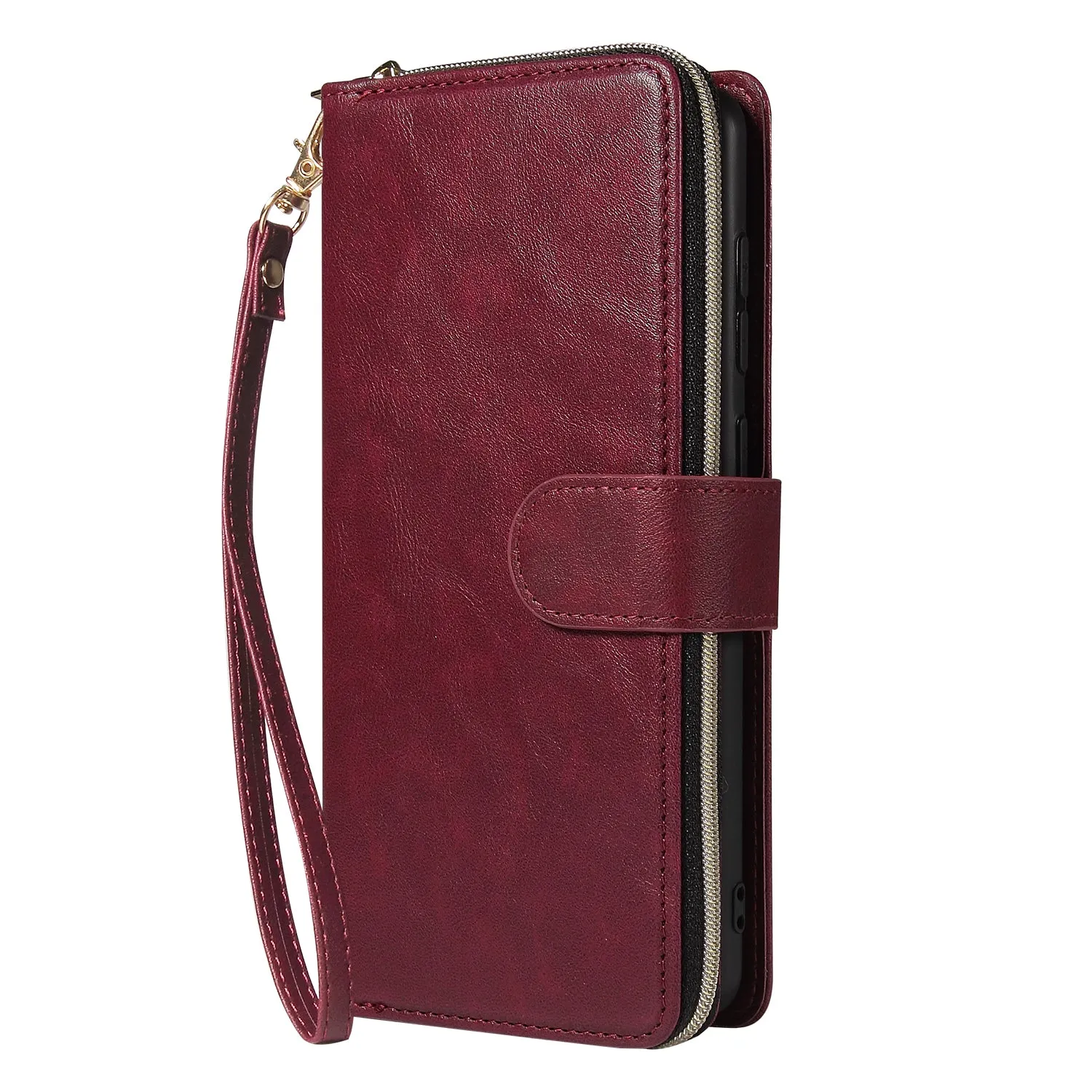 For Samsung A01/A21/A31/A41/A51 Pu Leather  Mobile Phone Cover Zipper Card Bag   Wrist Strap Red wine