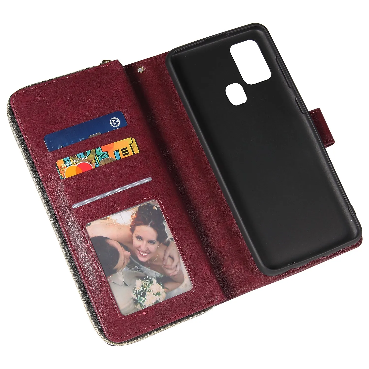 For Samsung A01/A21/A31/A41/A51 Pu Leather  Mobile Phone Cover Zipper Card Bag   Wrist Strap Red wine
