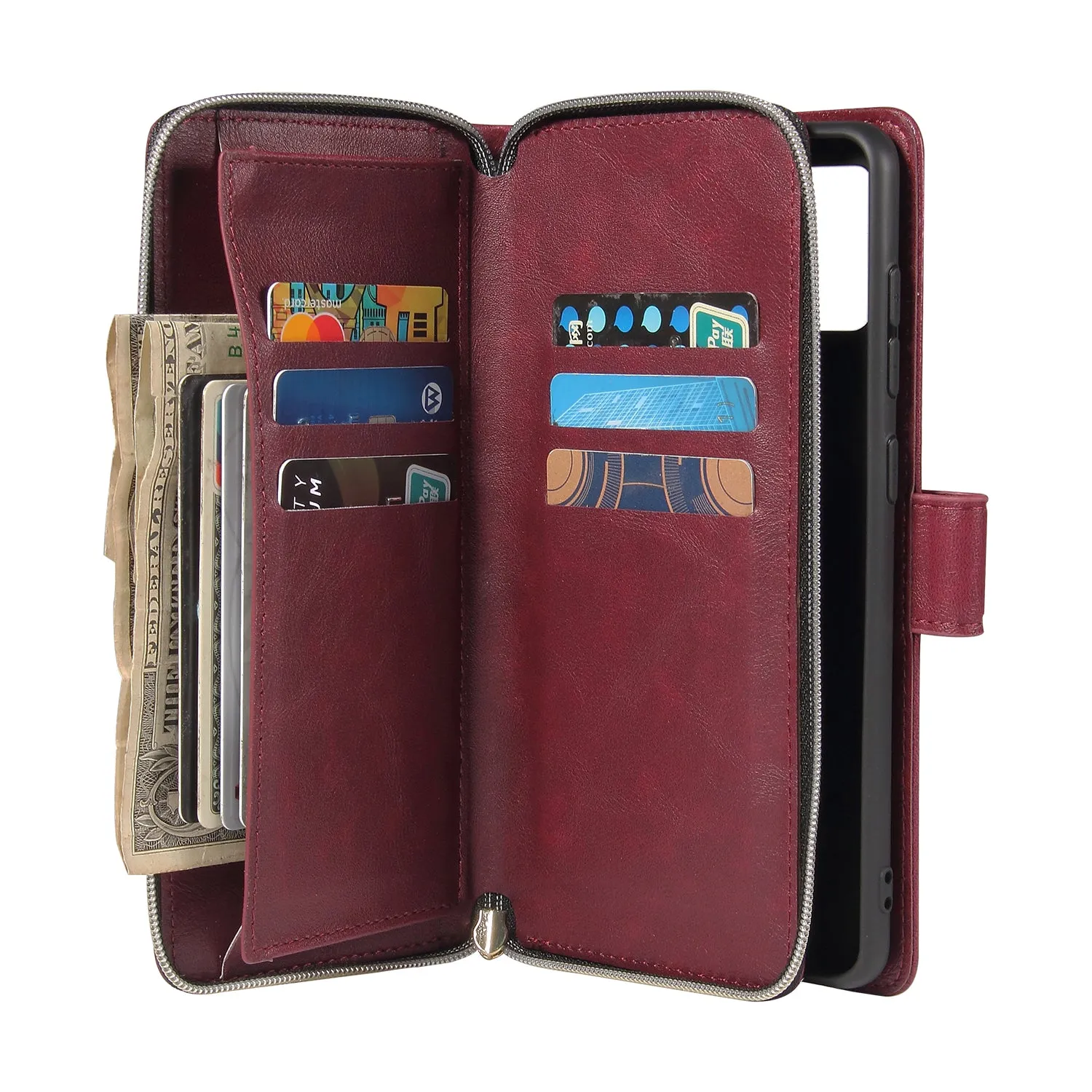 For Samsung A01/A21/A31/A41/A51 Pu Leather  Mobile Phone Cover Zipper Card Bag   Wrist Strap Red wine