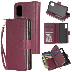 For Samsung A01/A21/A31/A41/A51 Pu Leather  Mobile Phone Cover Zipper Card Bag   Wrist Strap Red wine