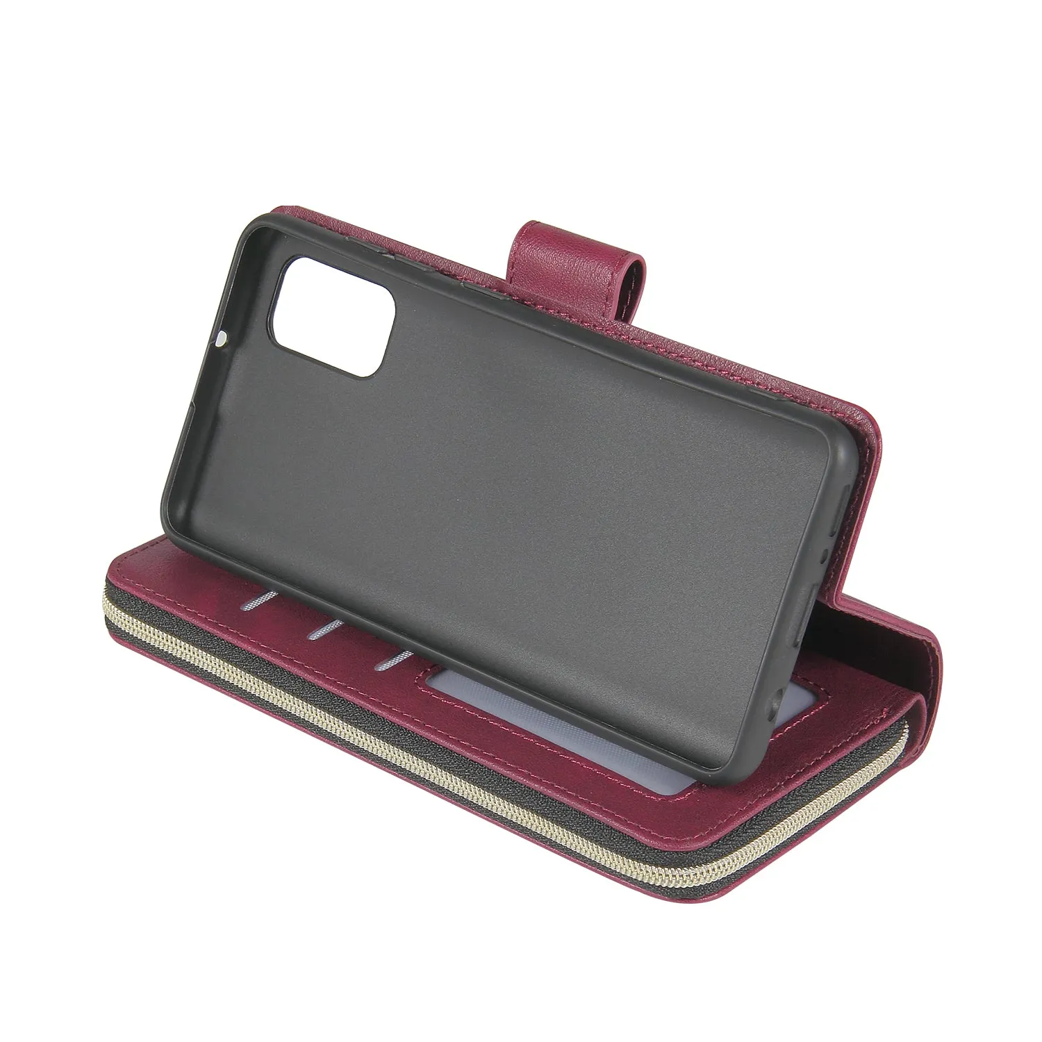 For Samsung A01/A21/A31/A41/A51 Pu Leather  Mobile Phone Cover Zipper Card Bag   Wrist Strap Red wine