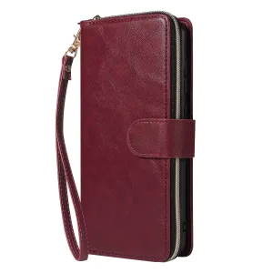 For Samsung A01/A21/A31/A41/A51 Pu Leather  Mobile Phone Cover Zipper Card Bag   Wrist Strap Red wine