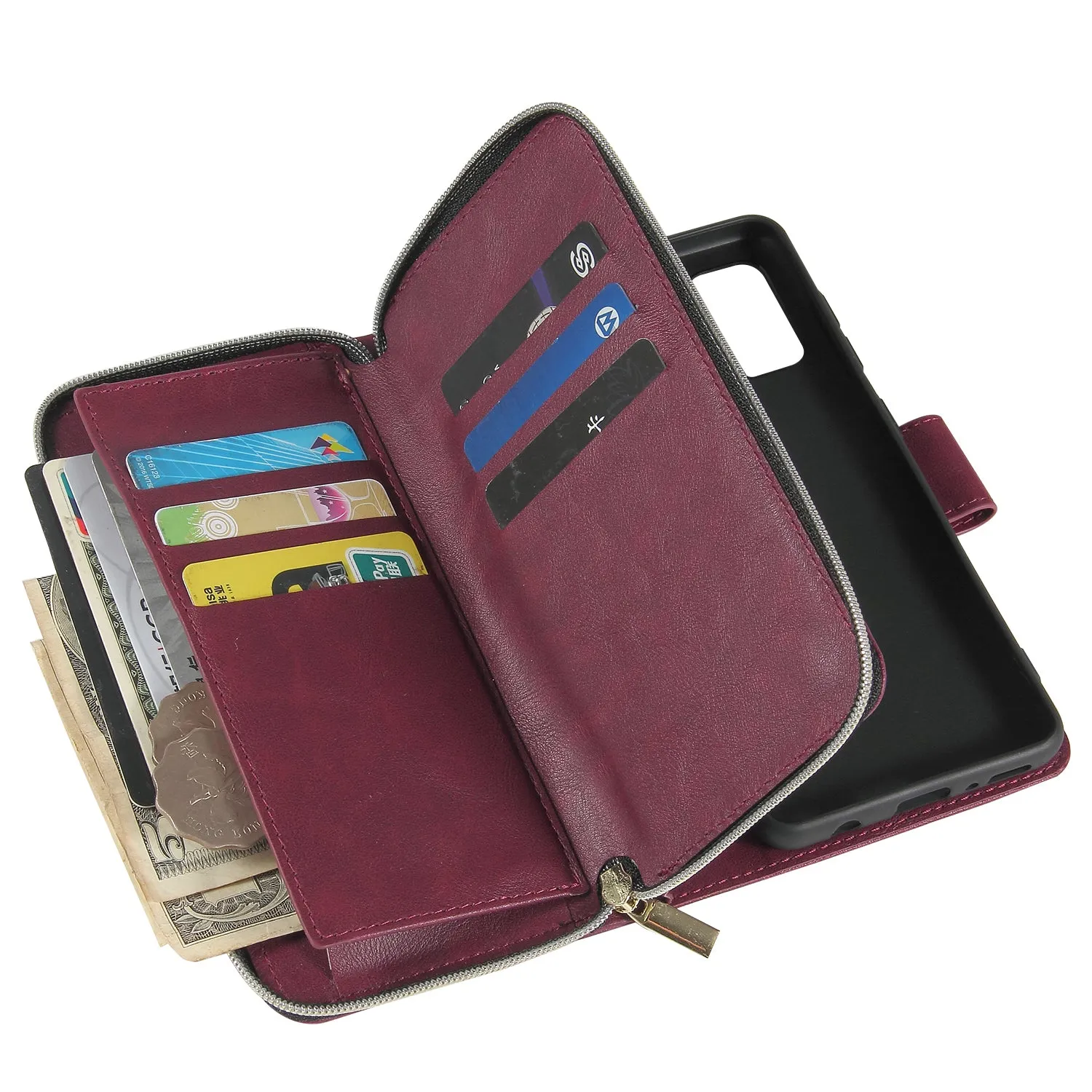 For Samsung A01/A21/A31/A41/A51 Pu Leather  Mobile Phone Cover Zipper Card Bag   Wrist Strap Red wine