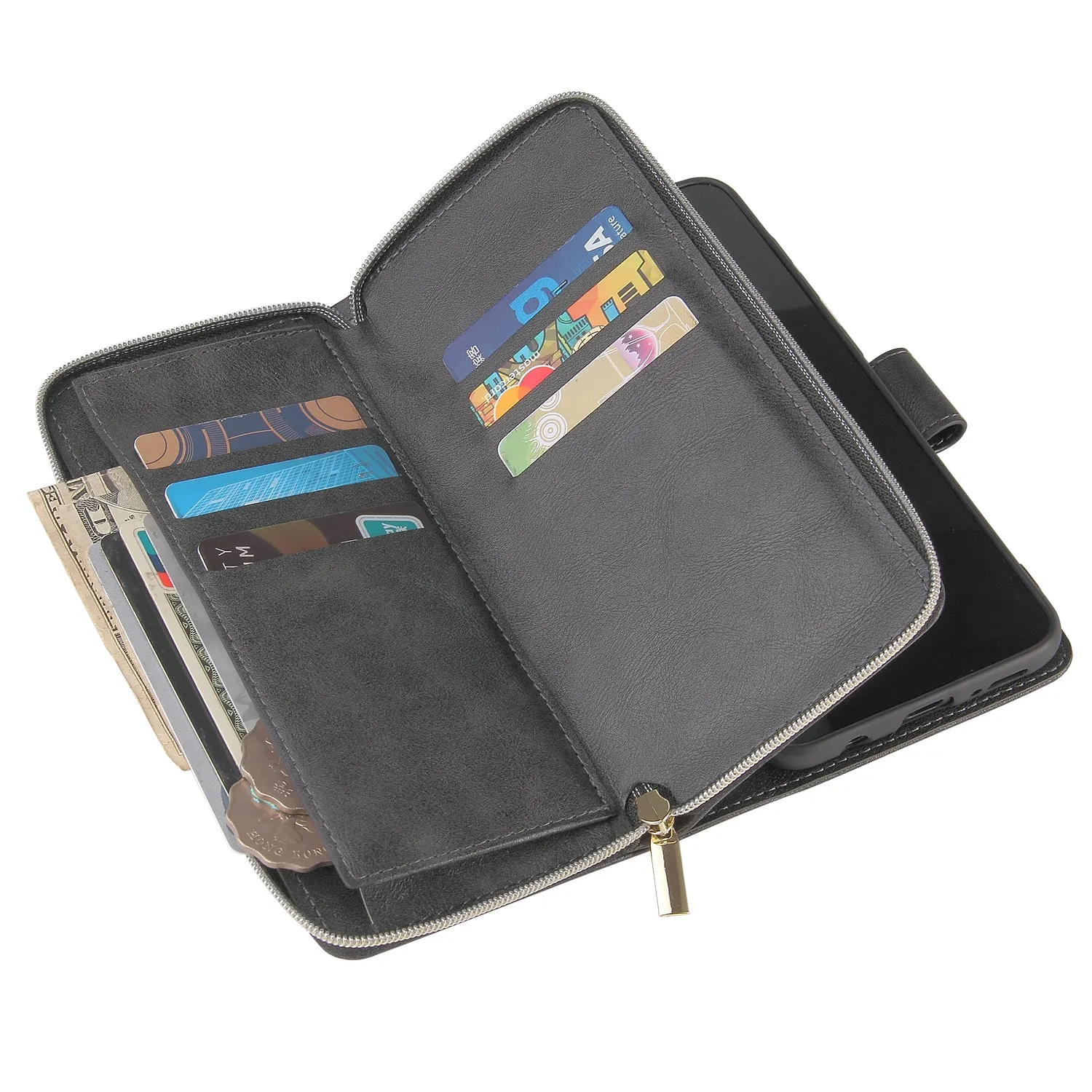 For Samsung A10/A20/A30/A50/A30S/A50S Pu Leather  Mobile Phone Cover Zipper Card Bag   Wrist Strap black