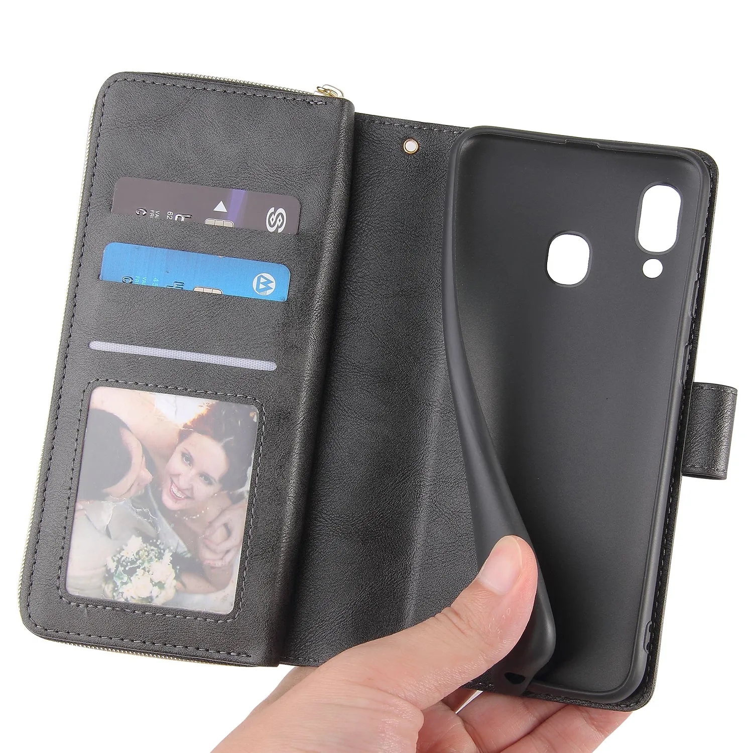 For Samsung A10/A20/A30/A50/A30S/A50S Pu Leather  Mobile Phone Cover Zipper Card Bag   Wrist Strap black