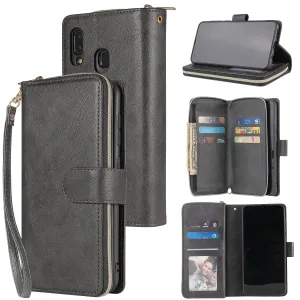 For Samsung A10/A20/A30/A50/A30S/A50S Pu Leather  Mobile Phone Cover Zipper Card Bag   Wrist Strap black