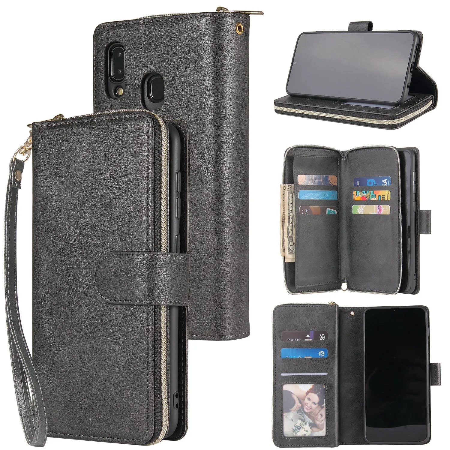 For Samsung A10/A20/A30/A50/A30S/A50S Pu Leather  Mobile Phone Cover Zipper Card Bag   Wrist Strap black