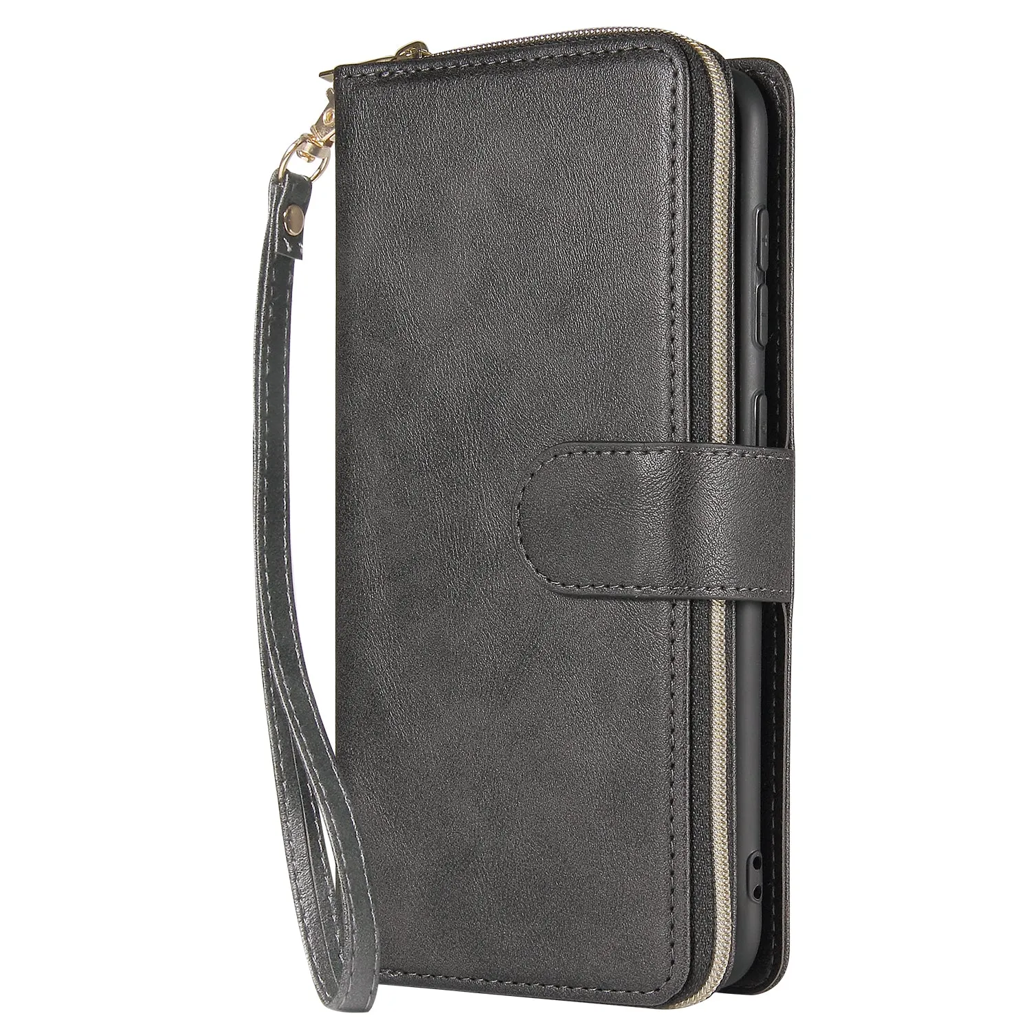 For Samsung A10/A20/A30/A50/A30S/A50S Pu Leather  Mobile Phone Cover Zipper Card Bag   Wrist Strap black