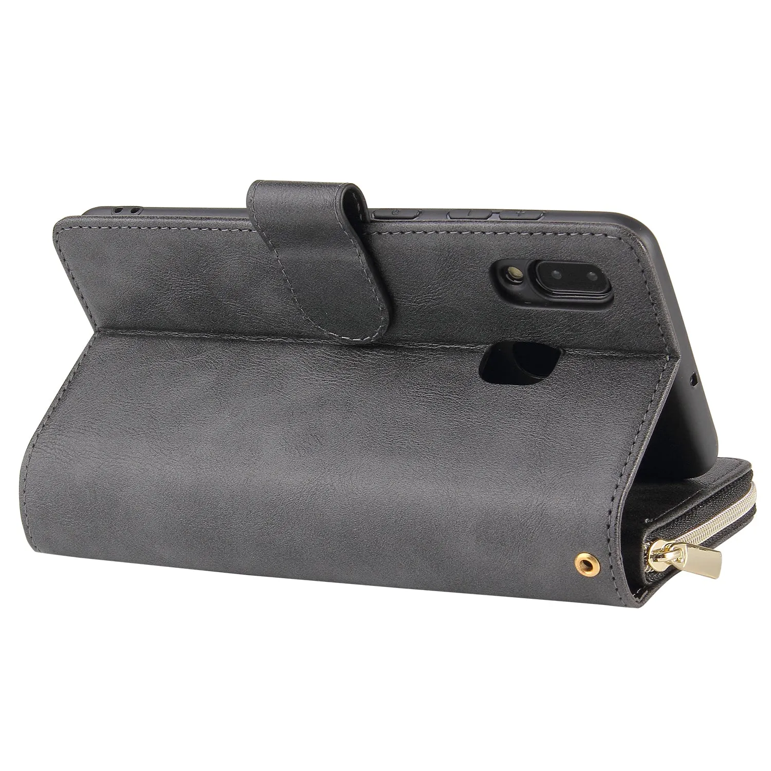 For Samsung A10/A20/A30/A50/A30S/A50S Pu Leather  Mobile Phone Cover Zipper Card Bag   Wrist Strap black