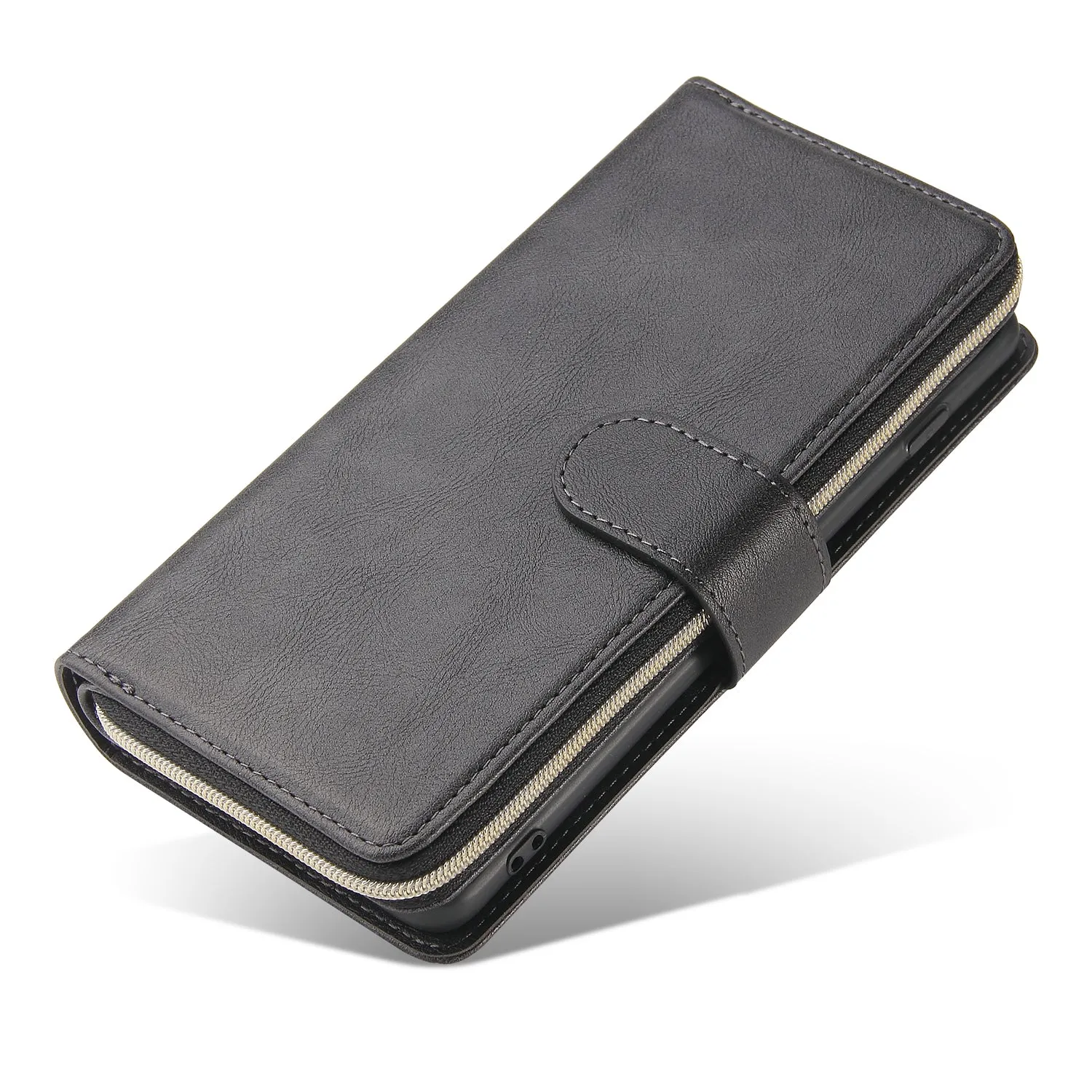 For Samsung S10/S20/S10E/ S10 Plus Pu Leather  Mobile Phone Cover Zipper Card Bag   Wrist Strap black