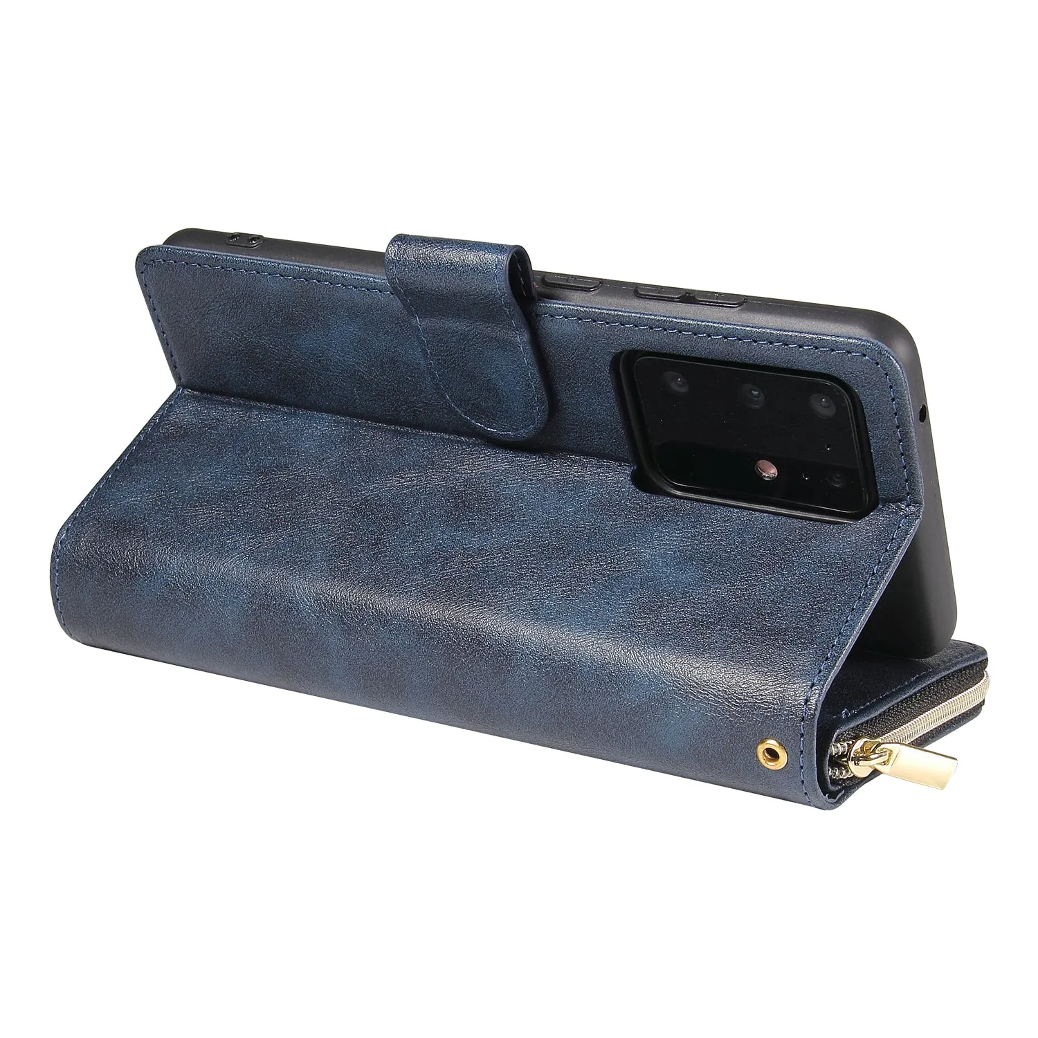 For Samsung S10/S20/S10E/ S10 Plus Pu Leather  Mobile Phone Cover Zipper Card Bag   Wrist Strap blue
