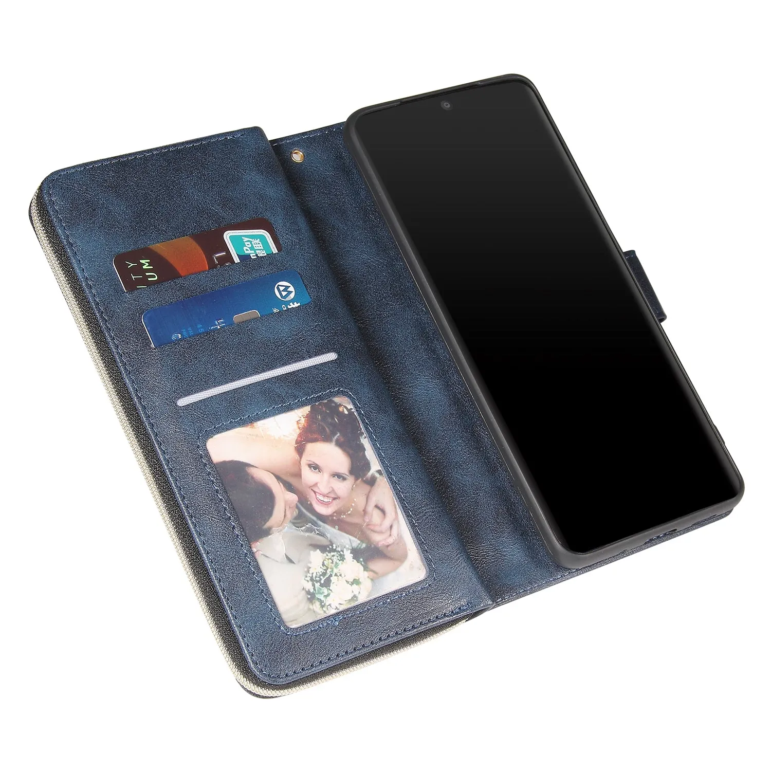 For Samsung S10/S20/S10E/ S10 Plus Pu Leather  Mobile Phone Cover Zipper Card Bag   Wrist Strap blue