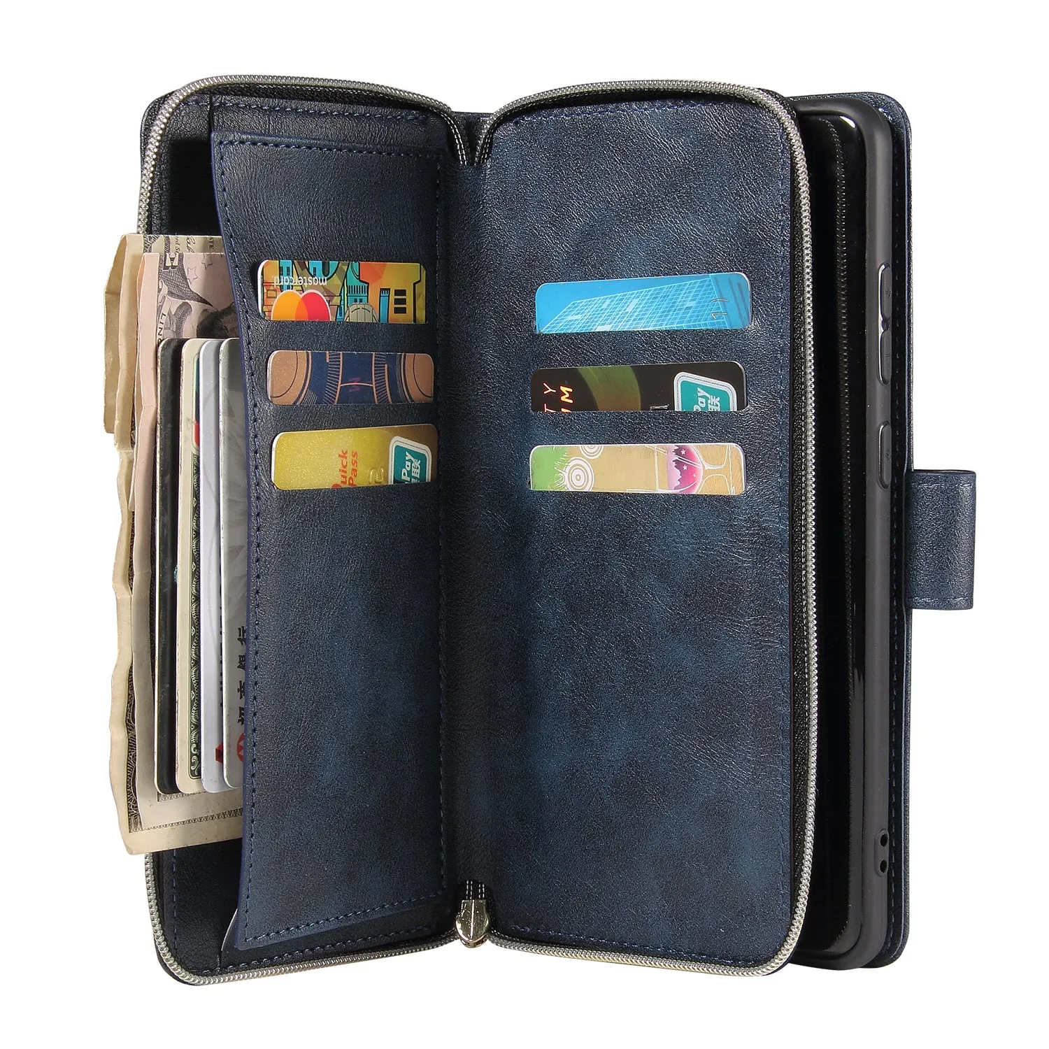 For Samsung S10/S20/S10E/ S10 Plus Pu Leather  Mobile Phone Cover Zipper Card Bag   Wrist Strap blue