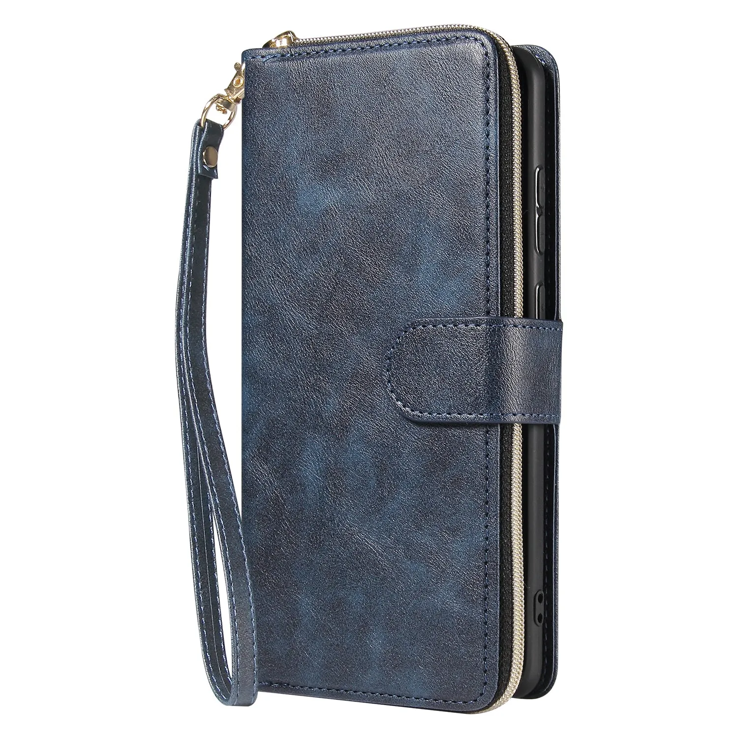 For Samsung S10/S20/S10E/ S10 Plus Pu Leather  Mobile Phone Cover Zipper Card Bag   Wrist Strap blue