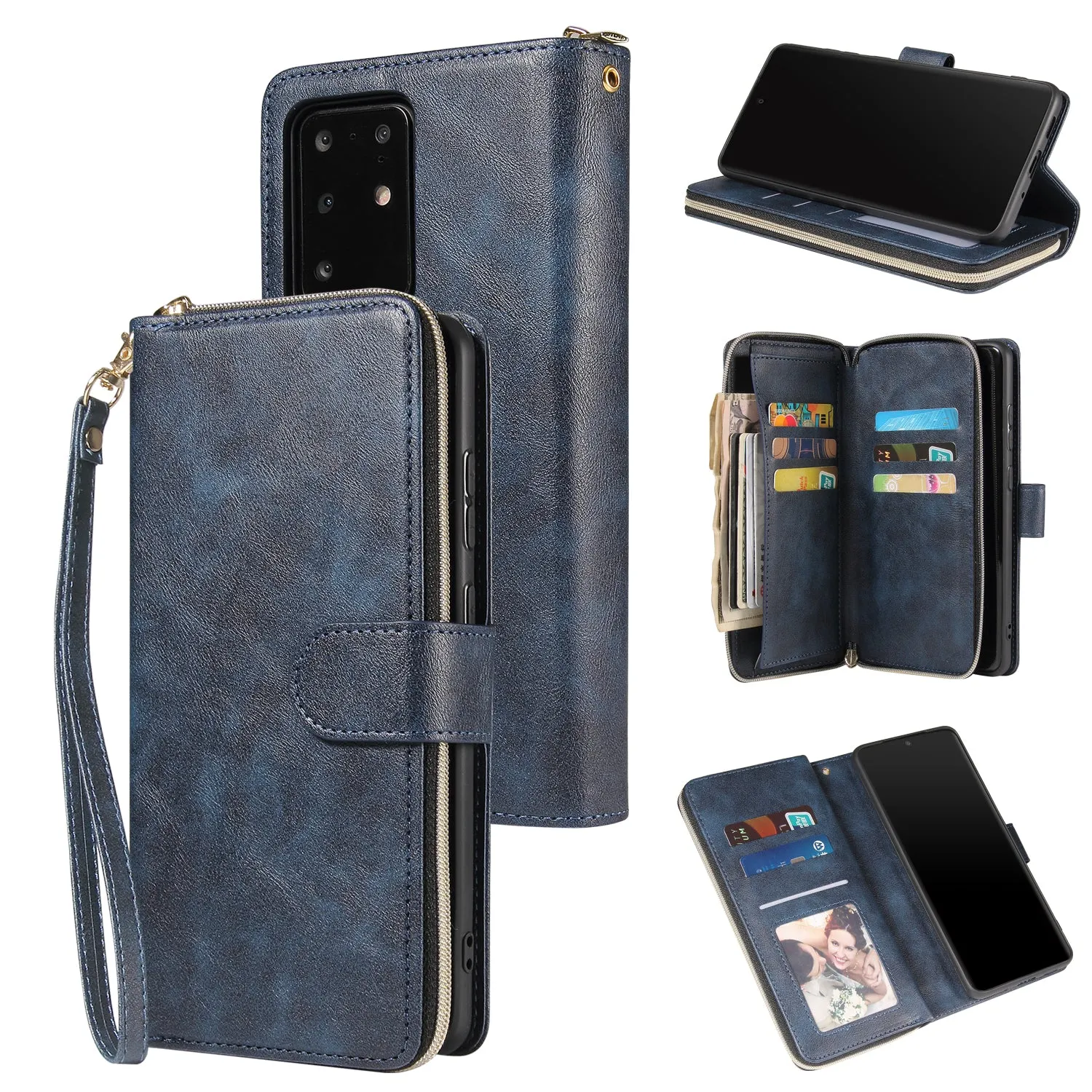 For Samsung S10/S20/S10E/ S10 Plus Pu Leather  Mobile Phone Cover Zipper Card Bag   Wrist Strap blue