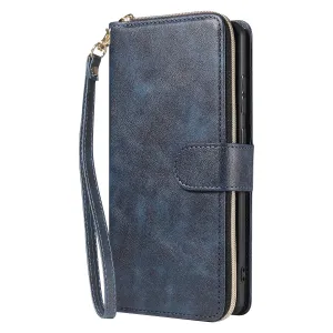 For Samsung S10/S20/S10E/ S10 Plus Pu Leather  Mobile Phone Cover Zipper Card Bag   Wrist Strap blue