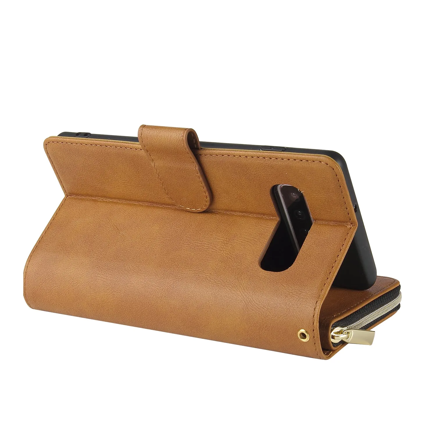 For Samsung S10/S20/S10E/ S10 Plus Pu Leather  Mobile Phone Cover Zipper Card Bag   Wrist Strap brown