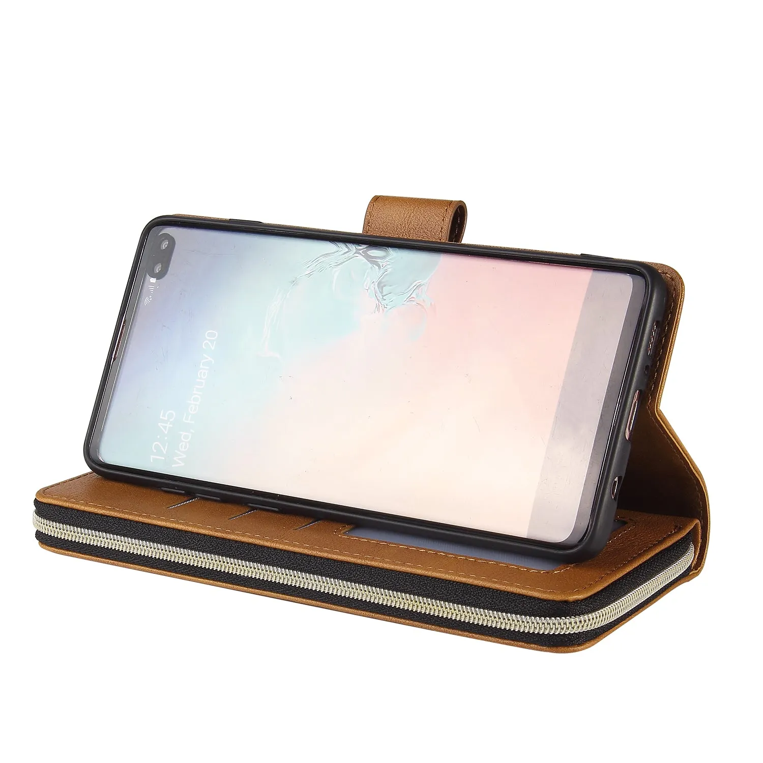 For Samsung S10/S20/S10E/ S10 Plus Pu Leather  Mobile Phone Cover Zipper Card Bag   Wrist Strap brown
