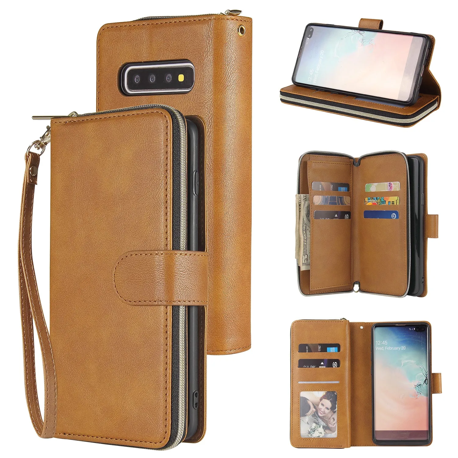 For Samsung S10/S20/S10E/ S10 Plus Pu Leather  Mobile Phone Cover Zipper Card Bag   Wrist Strap brown