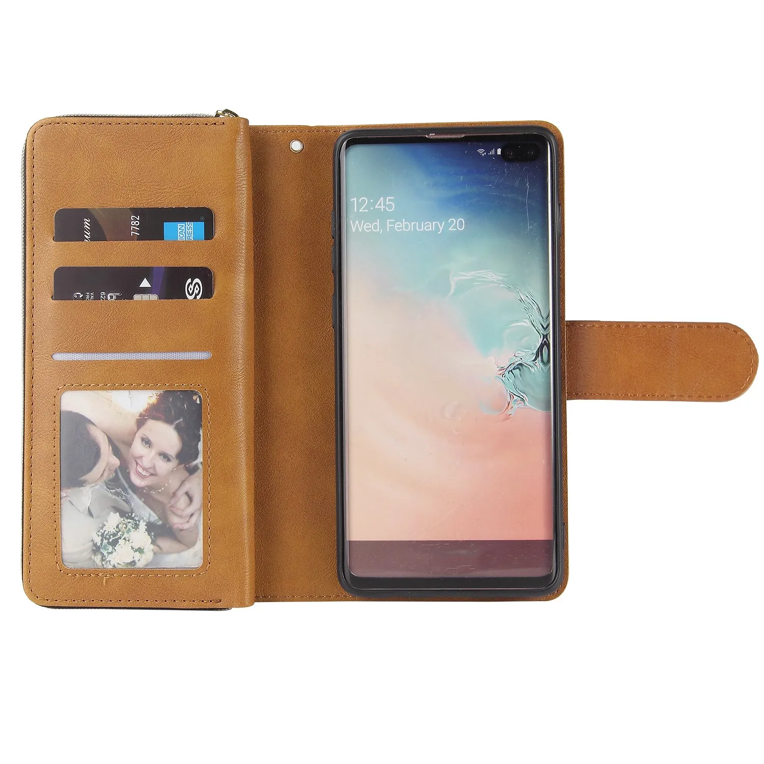 For Samsung S10/S20/S10E/ S10 Plus Pu Leather  Mobile Phone Cover Zipper Card Bag   Wrist Strap brown