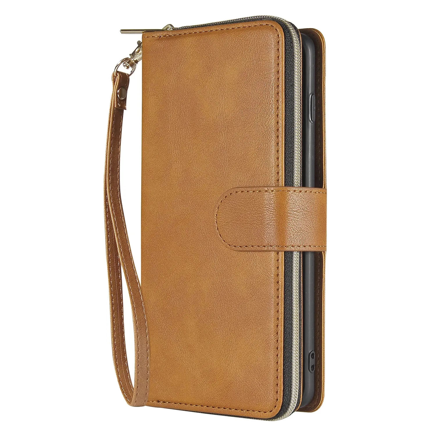 For Samsung S10/S20/S10E/ S10 Plus Pu Leather  Mobile Phone Cover Zipper Card Bag   Wrist Strap brown