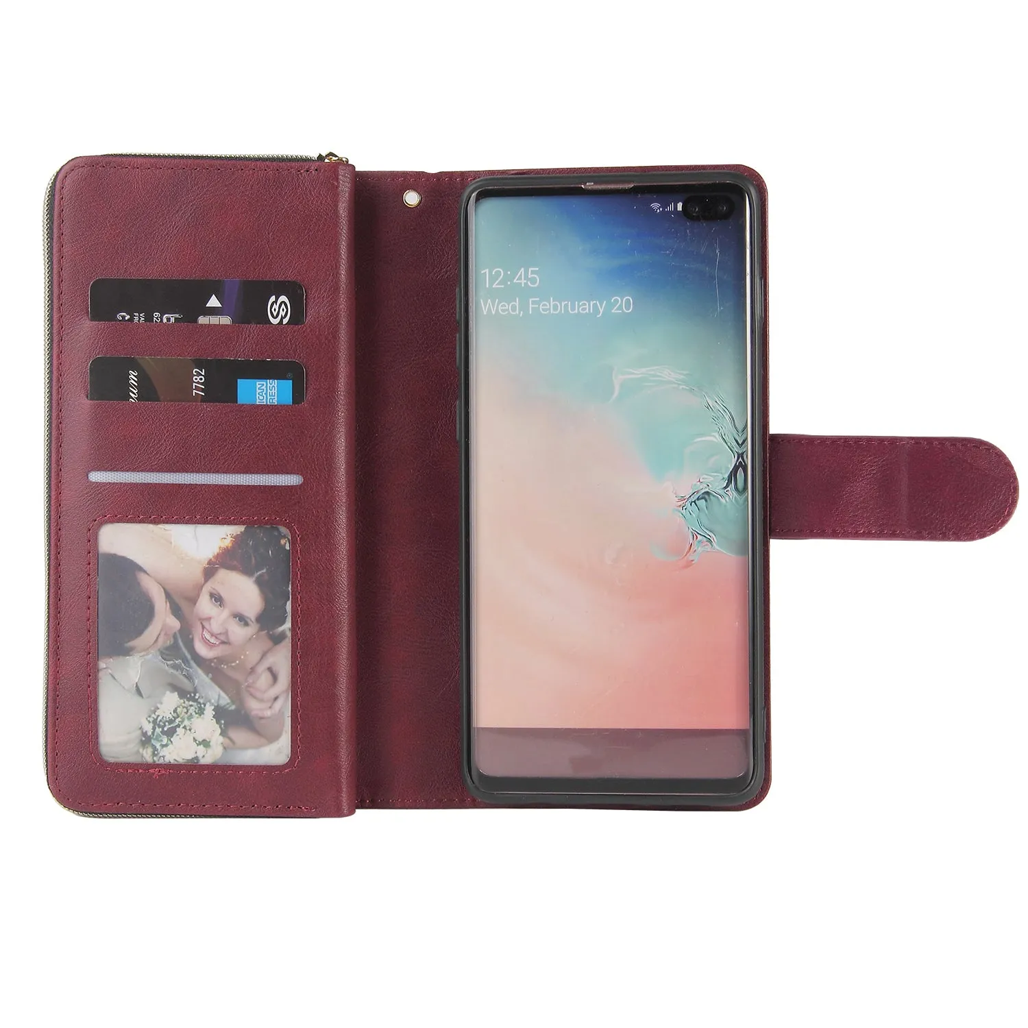 For Samsung S10/S20/S10E/ S10 Plus Pu Leather  Mobile Phone Cover Zipper Card Bag   Wrist Strap Red wine