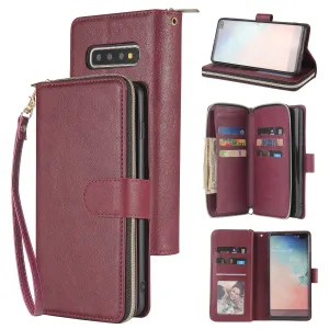 For Samsung S10/S20/S10E/ S10 Plus Pu Leather  Mobile Phone Cover Zipper Card Bag   Wrist Strap Red wine