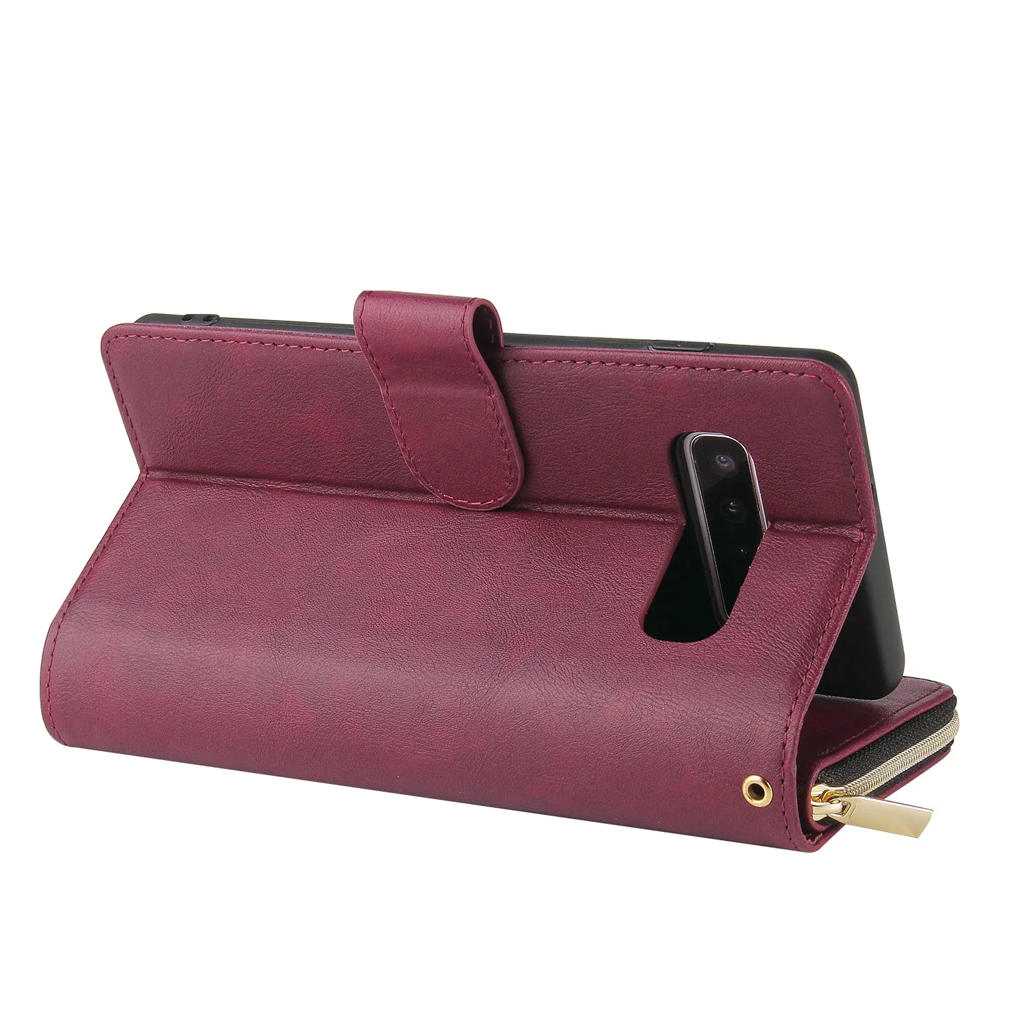 For Samsung S10/S20/S10E/ S10 Plus Pu Leather  Mobile Phone Cover Zipper Card Bag   Wrist Strap Red wine