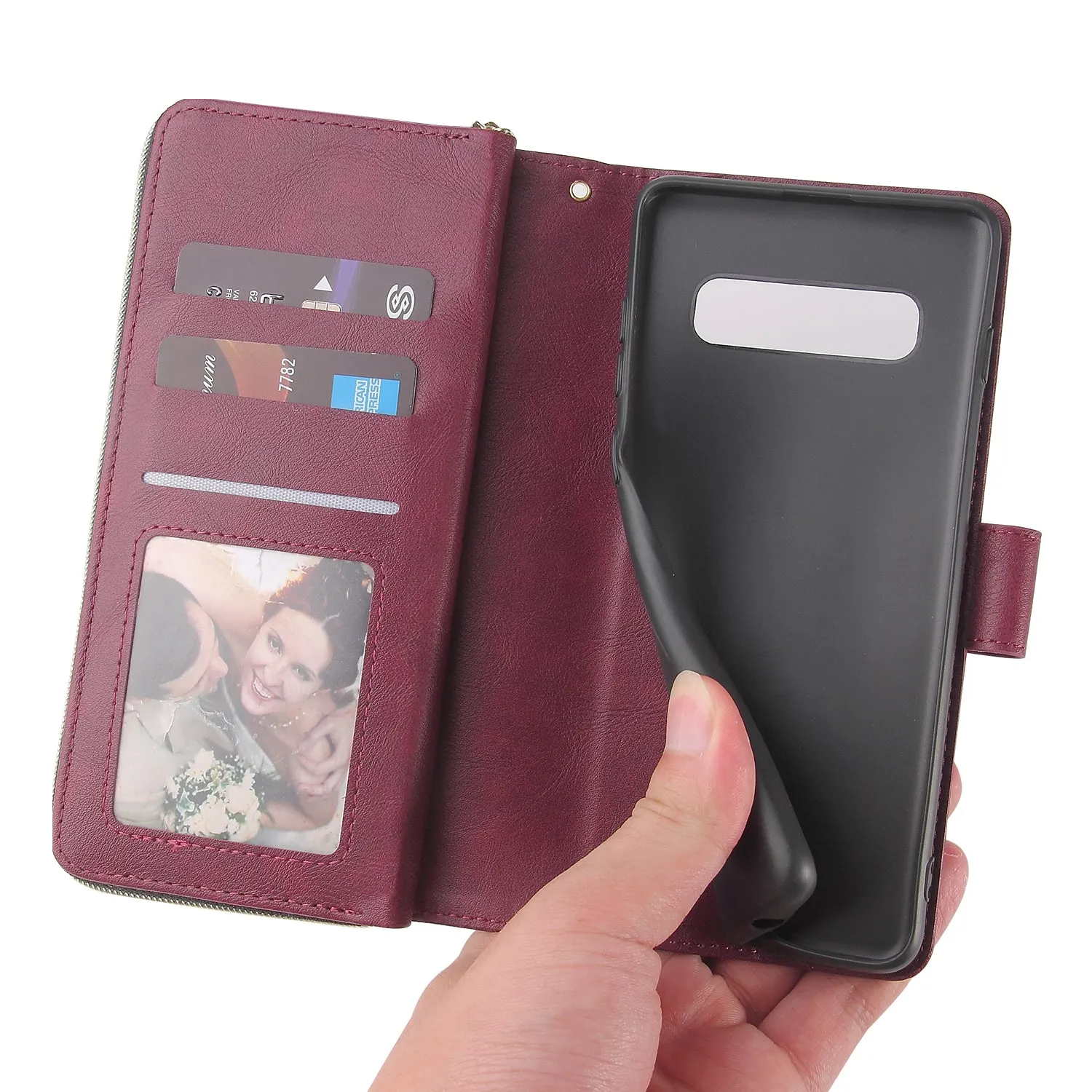 For Samsung S10/S20/S10E/ S10 Plus Pu Leather  Mobile Phone Cover Zipper Card Bag   Wrist Strap Red wine