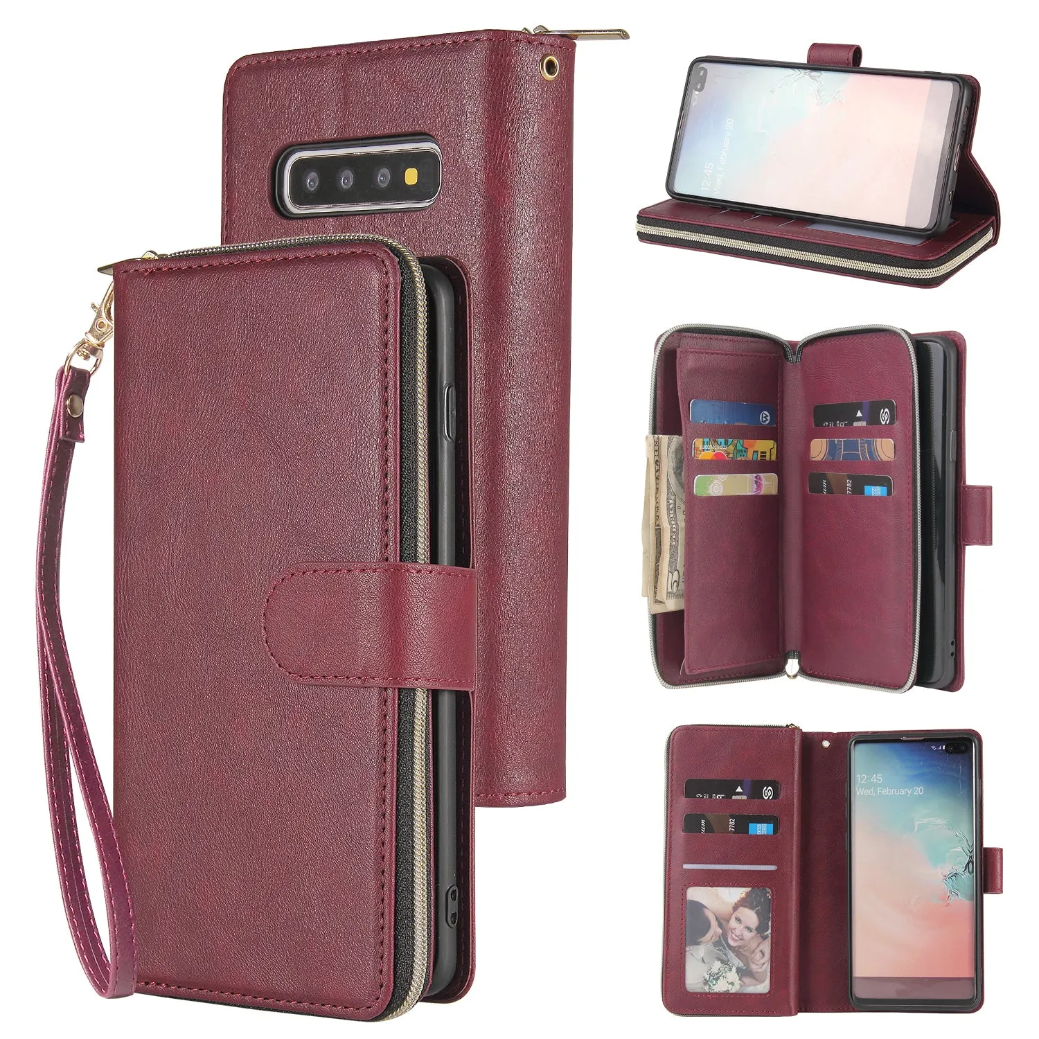 For Samsung S10/S20/S10E/ S10 Plus Pu Leather  Mobile Phone Cover Zipper Card Bag   Wrist Strap Red wine