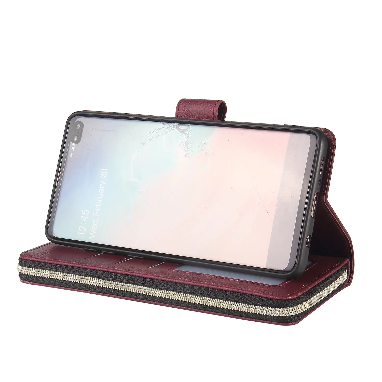 For Samsung S10/S20/S10E/ S10 Plus Pu Leather  Mobile Phone Cover Zipper Card Bag   Wrist Strap Red wine