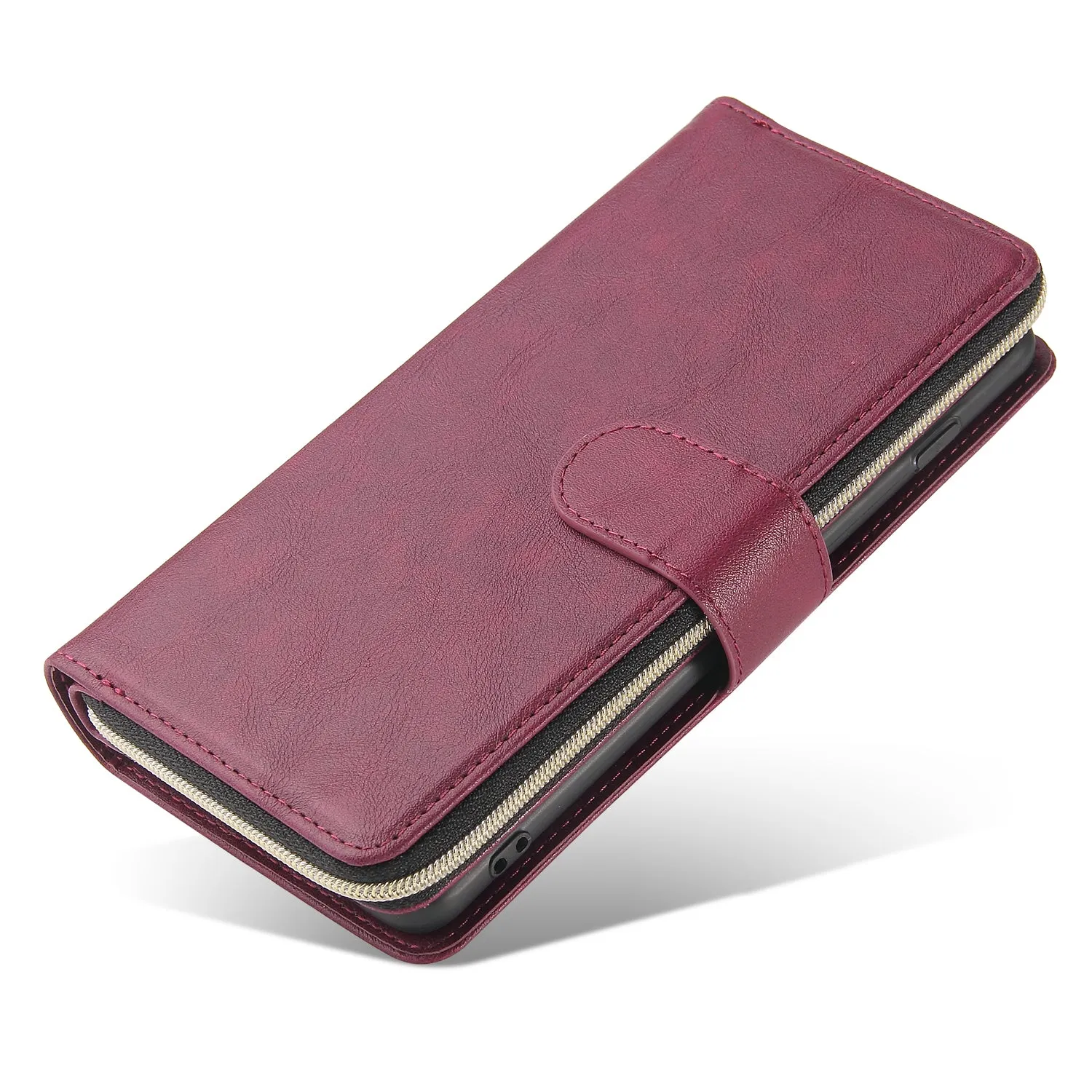 For Samsung S10/S20/S10E/ S10 Plus Pu Leather  Mobile Phone Cover Zipper Card Bag   Wrist Strap Red wine