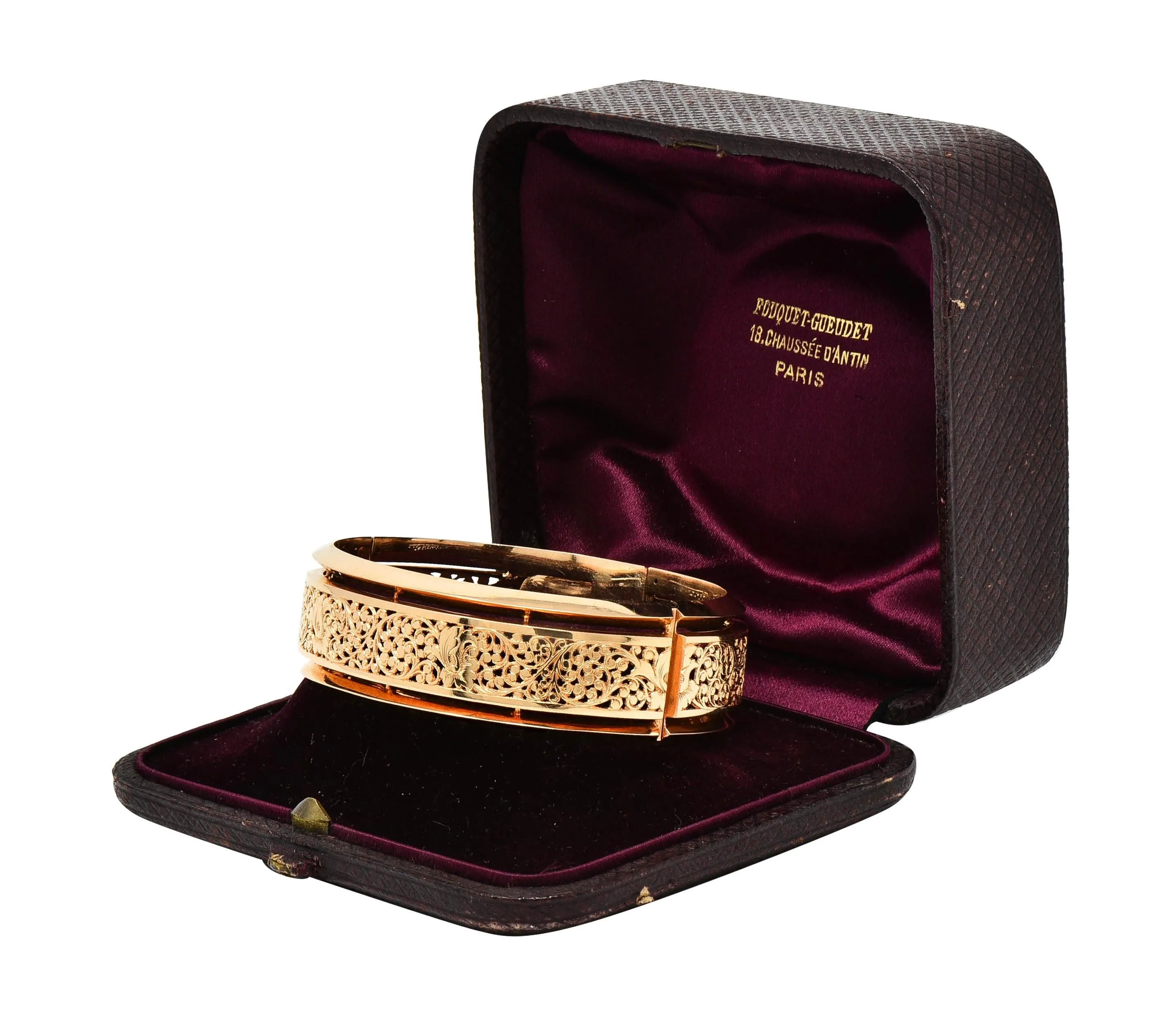 Fouquet-Gueudet French Art Nouveau 18 Karat Yellow Gold Antique Floral Bangle Bracelet