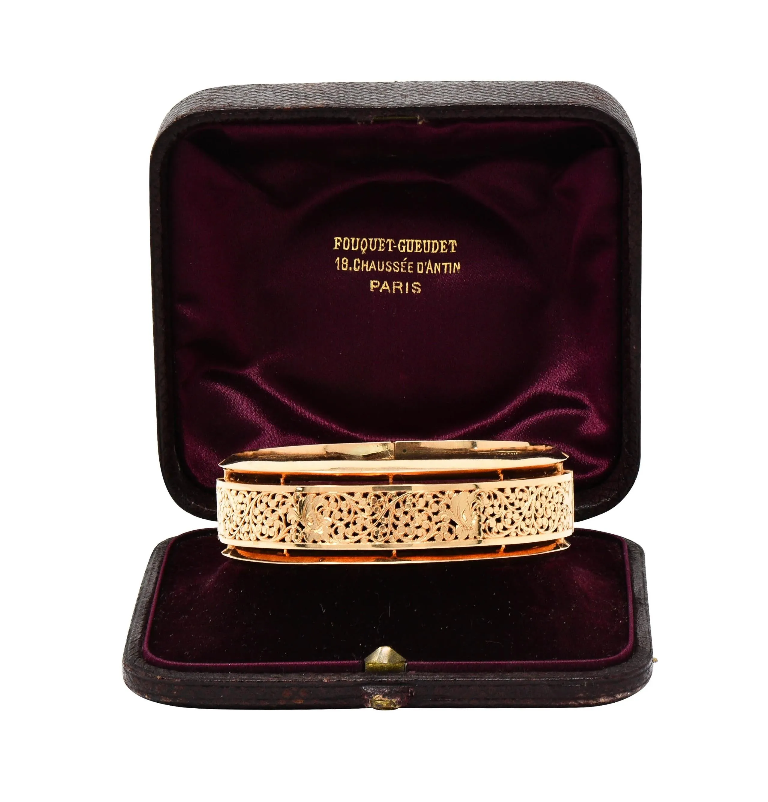Fouquet-Gueudet French Art Nouveau 18 Karat Yellow Gold Antique Floral Bangle Bracelet