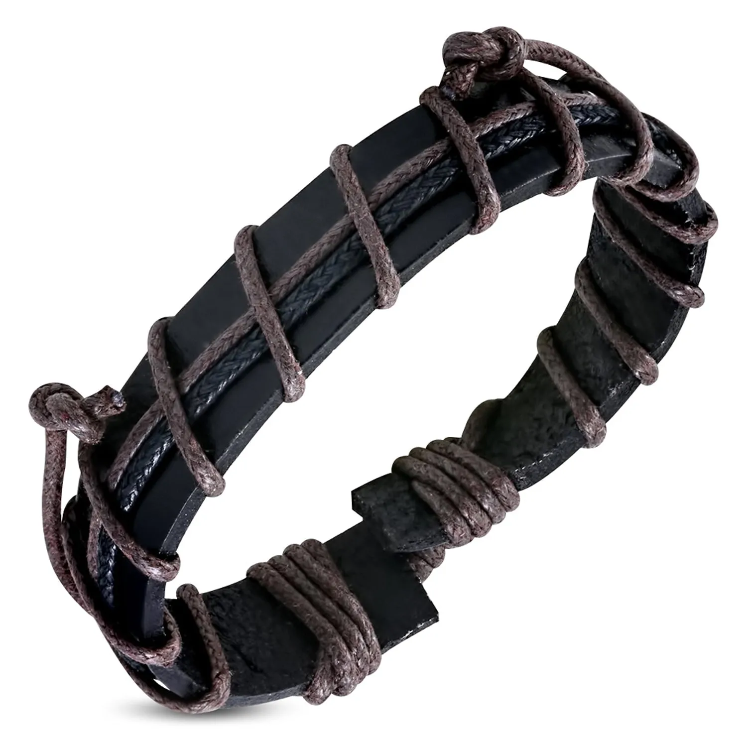 Genuine Black Leather Two-Tone Brown Strip Wrap Rope Adjustable Black Leather Bracelet
