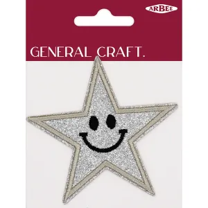 GLITTER PATCH SMILE STAR SILVER 85MM 1PC