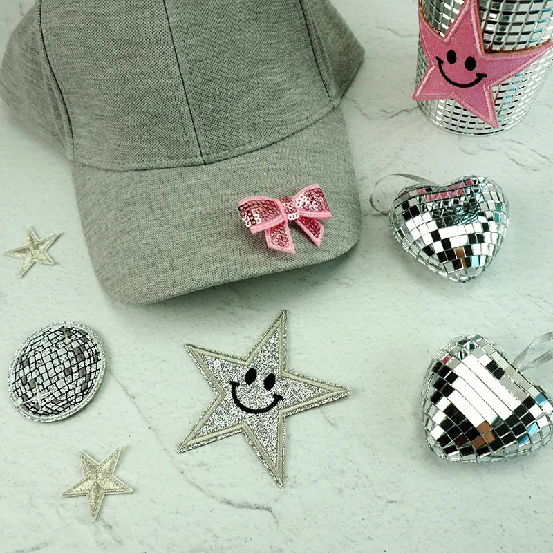 GLITTER PATCH SMILE STAR SILVER 85MM 1PC