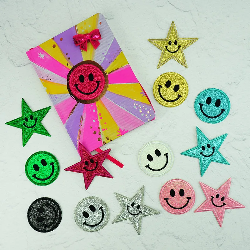 GLITTER PATCH SMILE STAR SILVER 85MM 1PC