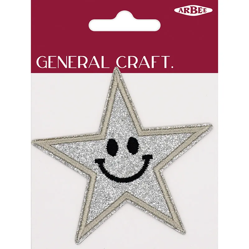 GLITTER PATCH SMILE STAR SILVER 85MM 1PC