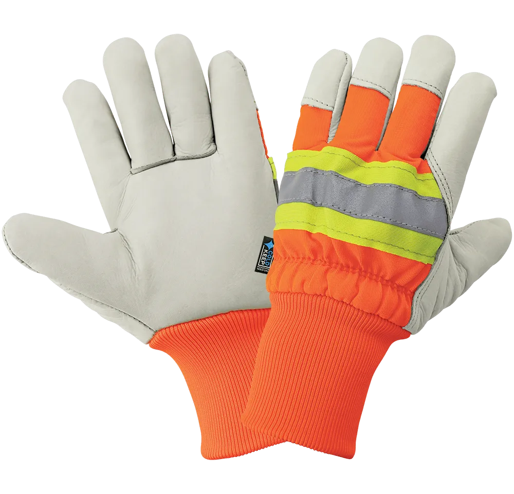 Global Glove & Safety 2950HVKW High Visibility Standard Grade Cowhide Leather Insulated Gloves with Knit Wrist