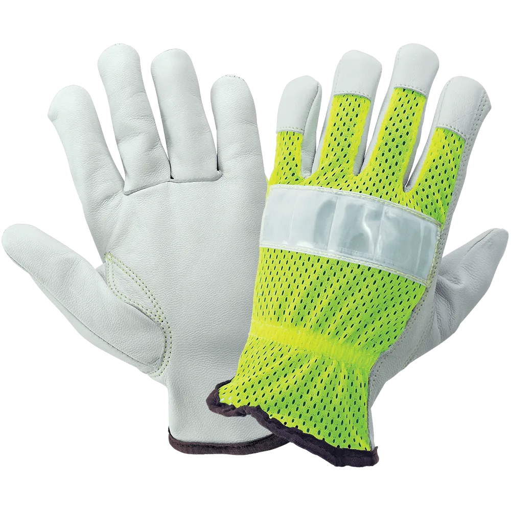 Global Glove & Safety 3100GHV High Visibility Mesh Back Premium Goatskin Leather Palm Drivers