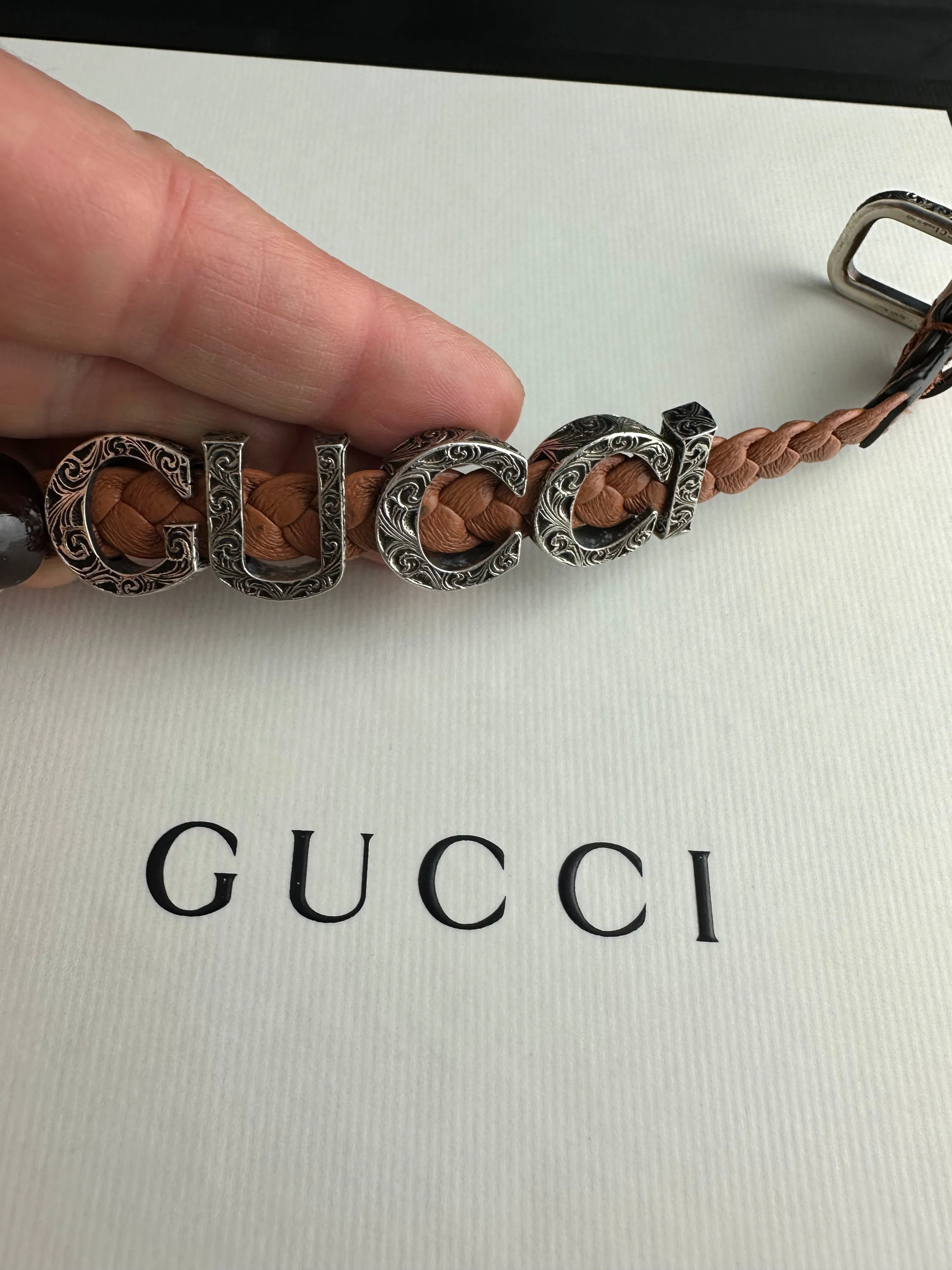Gucci Garden Leather Bracelet with Silver Logo