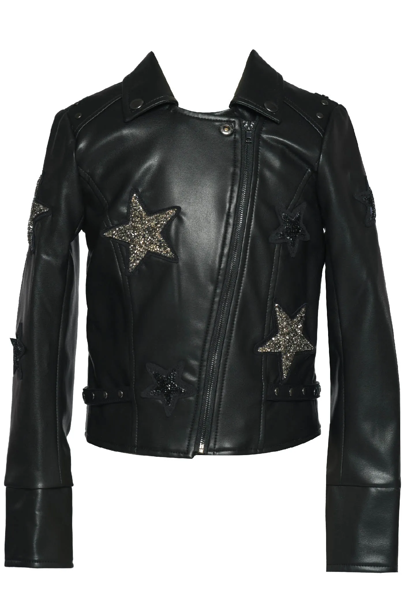 Hannah Banana- Little Girl's Rhinestone Stars Pleather Motto Jacket (Black)