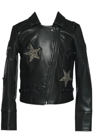 Hannah Banana- Little Girl's Rhinestone Stars Pleather Motto Jacket (Black)