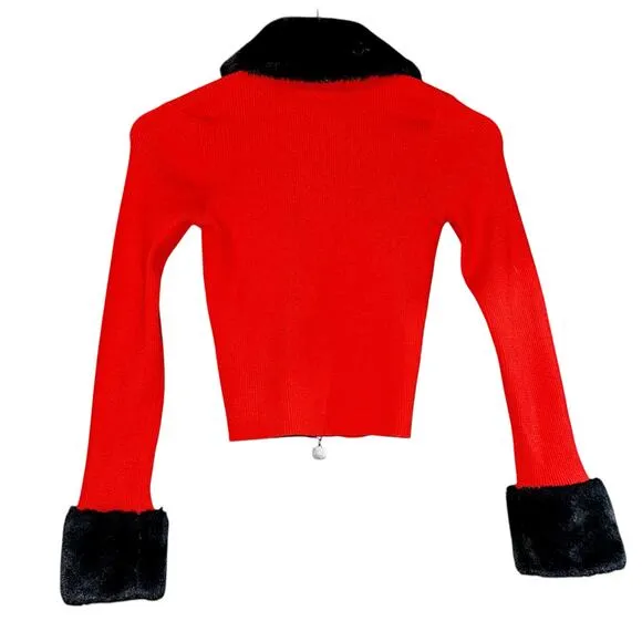 Hello Kitty &amp; Friends Faux Fur-Trim Zip Up Sweater Size Small Red Holiday Y2K